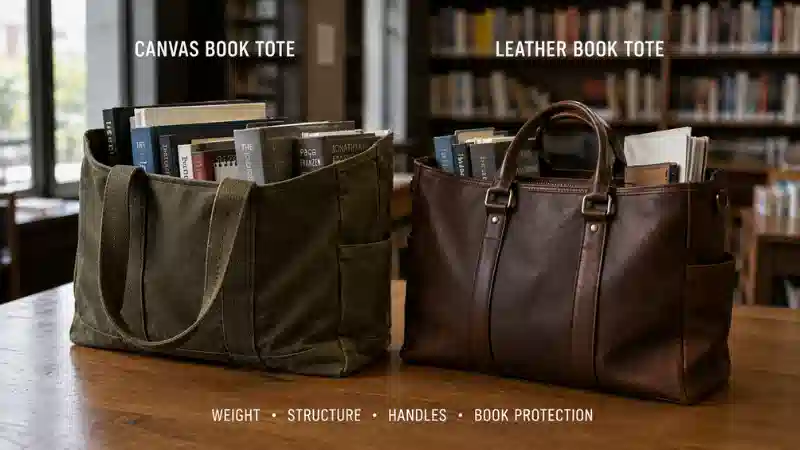 Canvas and leather book tote bags compared for carrying textbooks, hardcovers, and library books Canvas and leather book tote bags compared for carrying textbooks, hardcovers, and library books