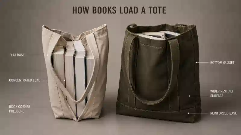 Flat book tote and bottom-gusset tote compared to show concentrated book weight, base shape, and corner pressure Flat book tote and bottom-gusset tote compared to show concentrated book weight, base shape, and corner pressure