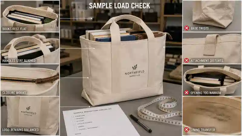 Loaded book tote sample inspected for book fit, base shape, handle alignment, closure operation, lining, and logo position Loaded book tote sample inspected for book fit, base shape, handle alignment, closure operation, lining, and logo position